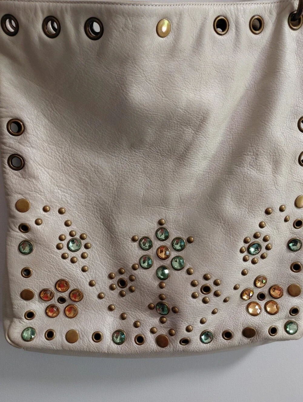 Steve Madden Cream Leather Studded Hobo Bag with Green and Amber Gems